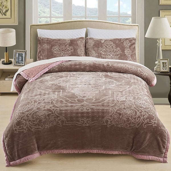 3 Pieces Woodrose Sherpa Fleece Blanket 79 in. x 91 in. with 2 Pillow Sham 20 in. x 30 in.