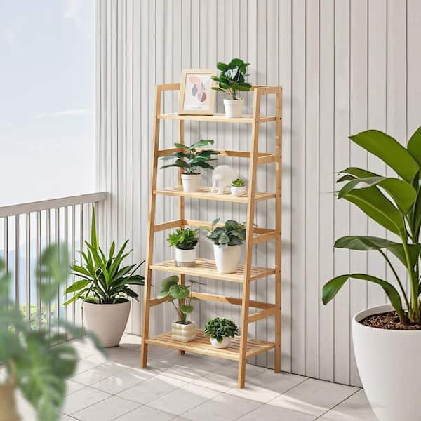 SKYSHALO 4-Tier Bamboo Ladder Shelf, Trapezoid Open Bookcase