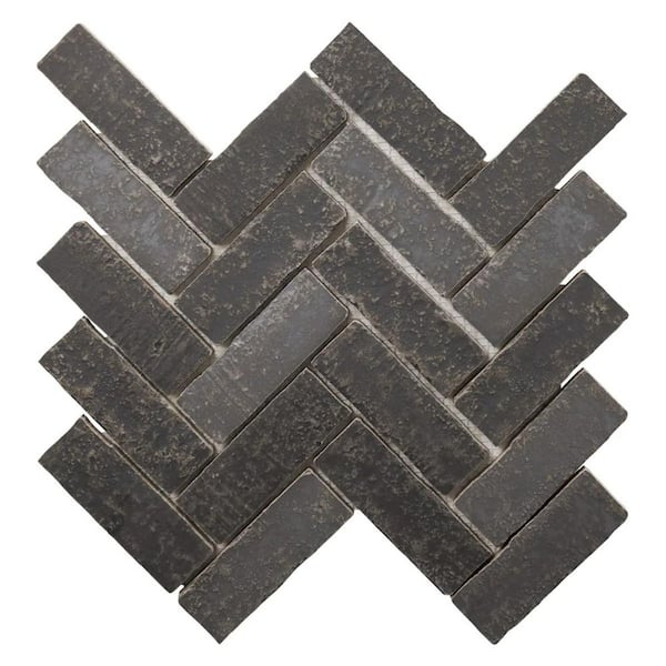 Creston Charcoal Gray 4 in. x 0.39 in. Herringbone Matte Porcelain Mosaic Floor and Wall Tile Sample