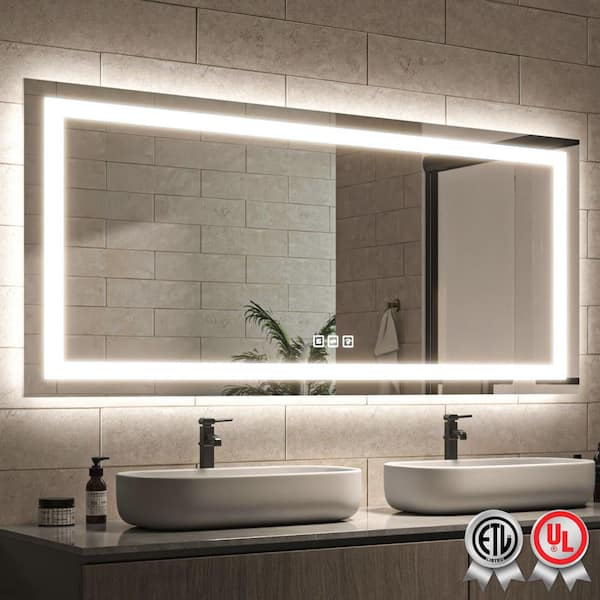 waterpar 60 in. W x 28 in. H Rectangular Frameless Wall Bathroom Vanity Mirror with Backlit and Front Light