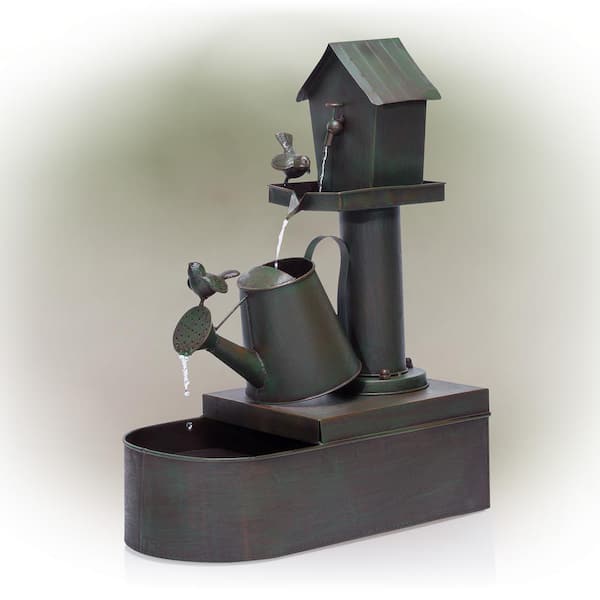 Alpine Corporation 24 in. Tall Indoor/Outdoor Birdhouse and Watering Can Floor Water Fountain