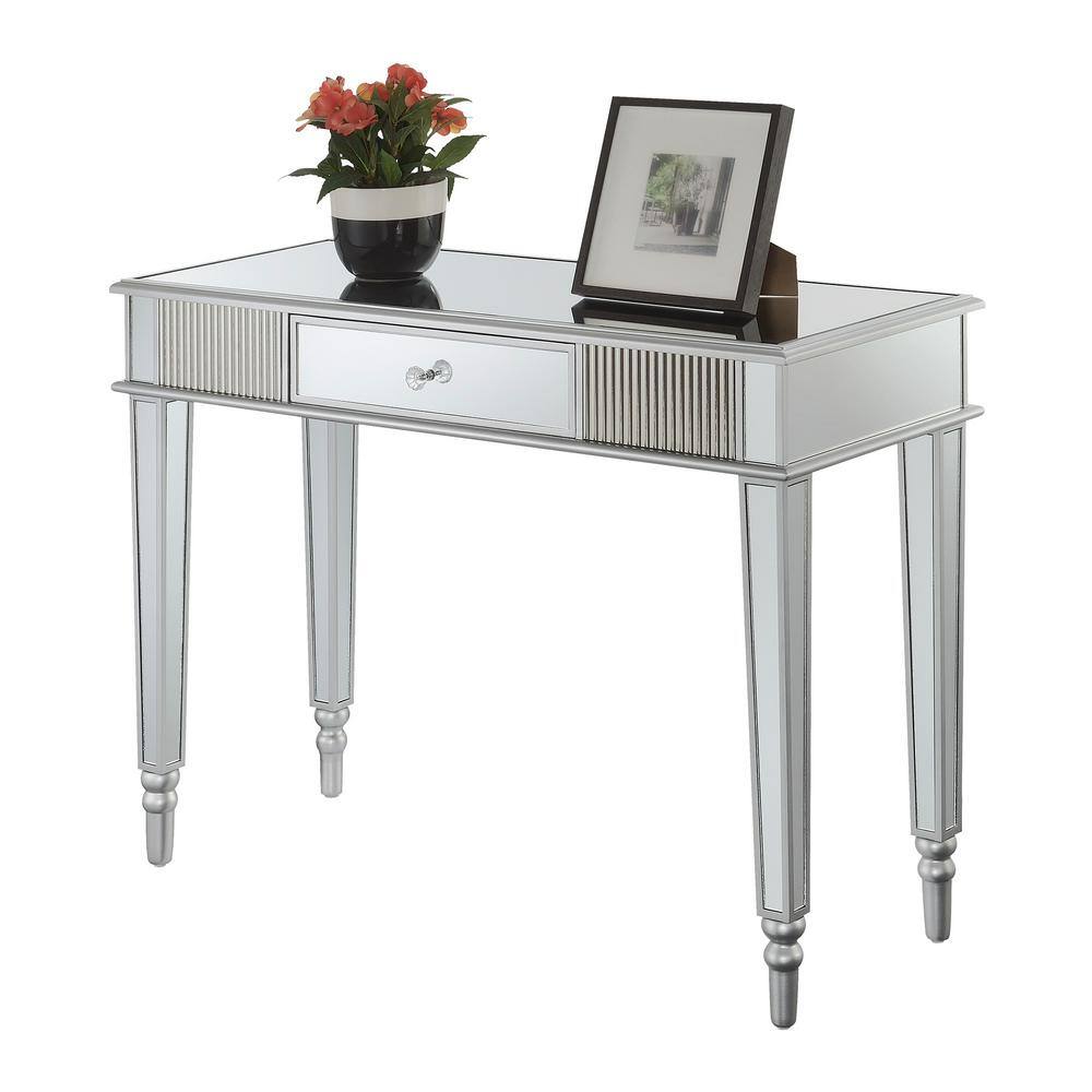 Elegant French Country Mirrored Desk with Silver Accents and Storage