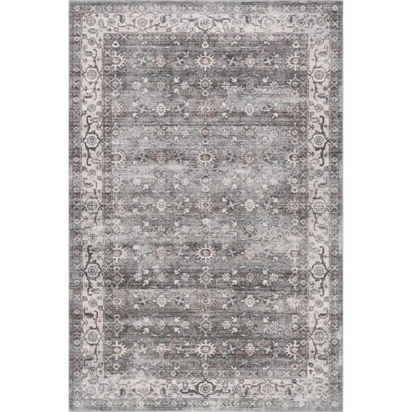 Myrtle Vintage Machine Washable Grey 5 ft. x 8 ft. Indoor/Outdoor Patio Rug