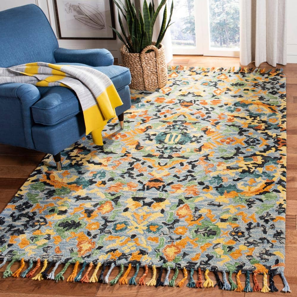 Handmade Blue Multicolor Tufted Wool Square Rug, 8' x 8'