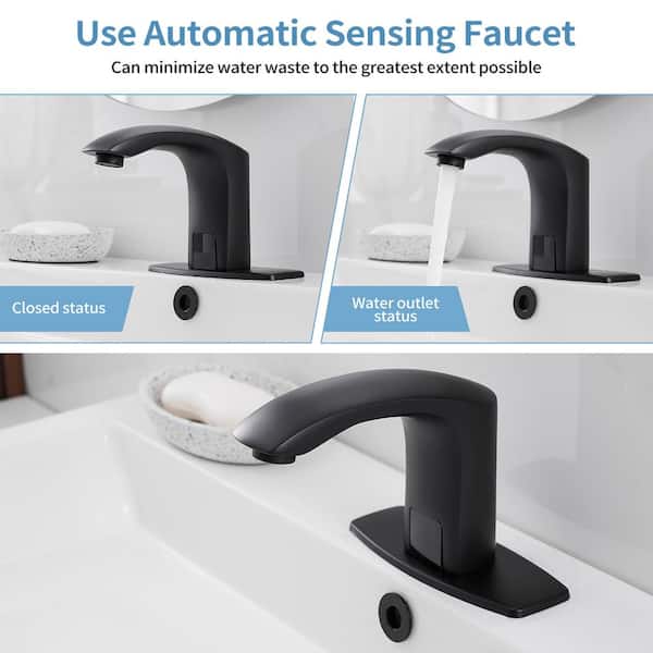 Automatic Sensor Touchless Bathroom Sink Faucet With Deck Plate & Pop Up Drain In Matte Black