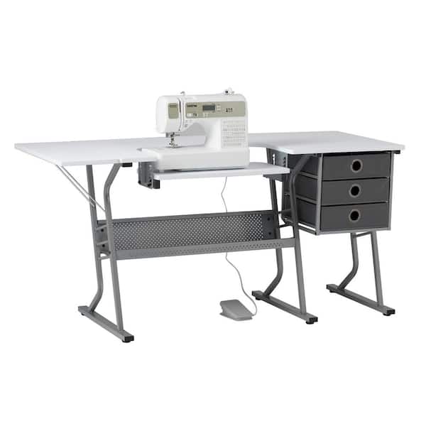 Sew Ready Ultra 60.25 in. W x 23.75 in. D PB Eclipse Craft Sewing Table with 3 Storage Drawers in White with Gray Metal Frame