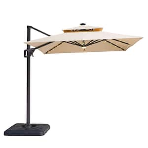 2pc Yetta 8 ft. Aluminum Cantilever Crank Tilt and 360 Square Patio Umbrella and LED Lights in Tan with Base