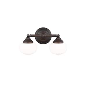 Academy 17.25 in. 2-Light Bronze Transitional Farmhouse Bathroom Vanity Light with Satin White Glass Shade
