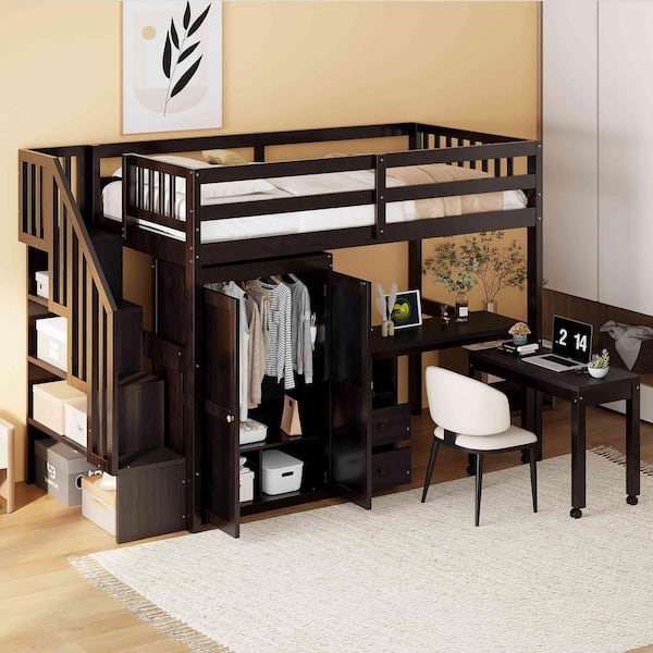 Polibi Espresso Twin Size Wood Loft Bed with Stairs, Bookshelf, Drawers, Desk and Wardrobe