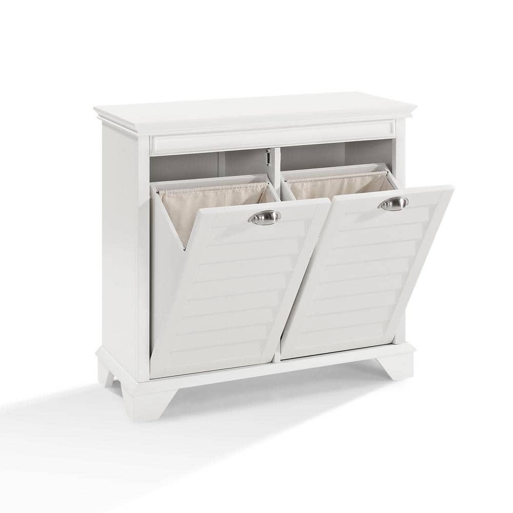 White MDF and Birch Veneer Dual Compartment Laundry Hamper