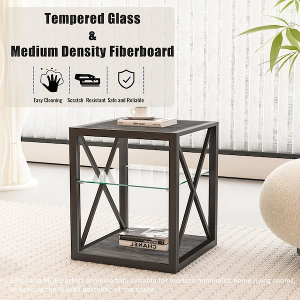 1 Piece Industrial Modern 18 in. Brown and Black Rectangle Tempered Glass Nightstand with X-Frame and 3-Tier Storage