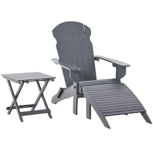 Gray Outdoor Wooden Folding Adirondack Chair Set of 3 with Ottoman and Side Table for Patio, Backyard, Garden, Lawn