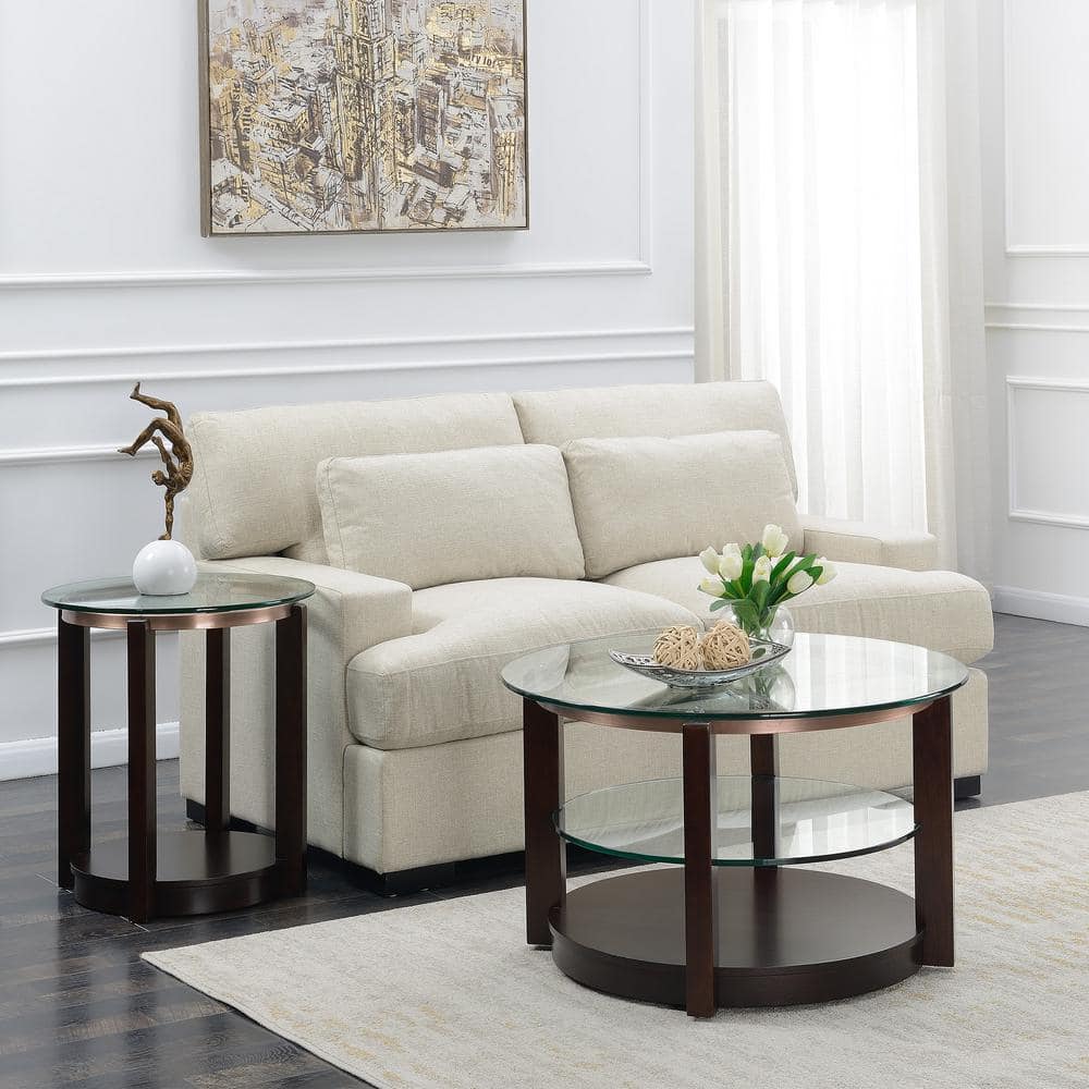 Espresso Round Wood and Glass Coffee Table with Interior Shelf