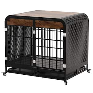 42 in. Heavy Duty Dog Crate Furniture Wooden Table Pet Cage Kennel House Indoorwith Removable Trays and Lockable Wheels