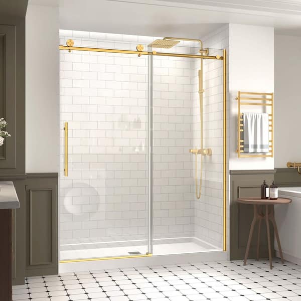 Modern 60 in. W x 74 in. H Single Sliding Frameless Shower Door in Brushed Gold Finish with 5/16 in. (8mm) Clear Glass