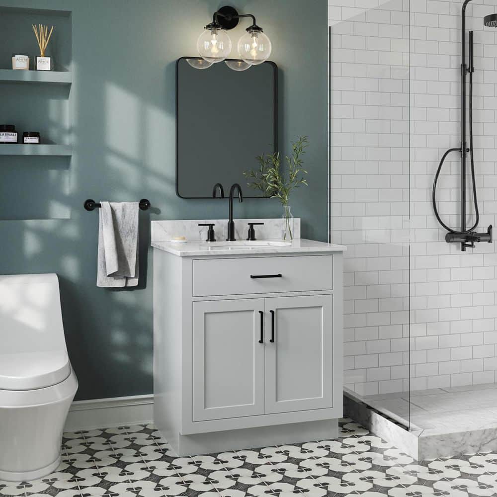 Hepburn 30 in. Single Sink Freestanding Bathroom Vanity in Gray with 0.75 in. Carrara White Marble Top price history on PriceWatchPro
