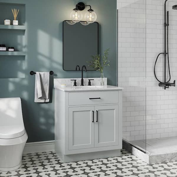 ARIEL Hepburn 30 in. W x 22 in. D x 35.25 in. H Bath Vanity in Grey with White Carrara Marble Vanity Top with White Basin