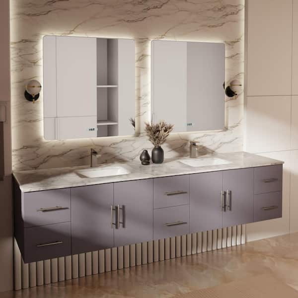 Geneva 84 in. W x 22 in. D Dark Grey Double Bath Vanity, Carrara Marble Top, Faucet Set and 36 in. LED Mirrors