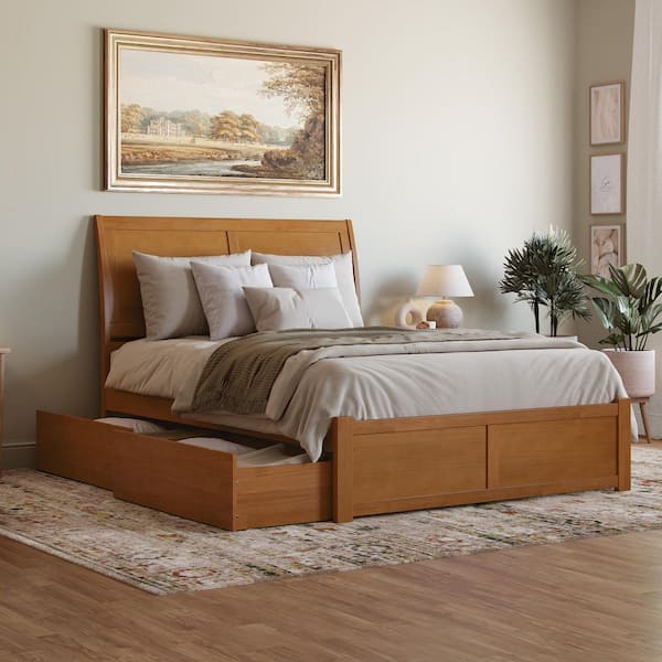 AFI Portland Light Toffee Natural Bronze Solid Wood Frame Queen Platform Bed with Footboard and Storage Drawers