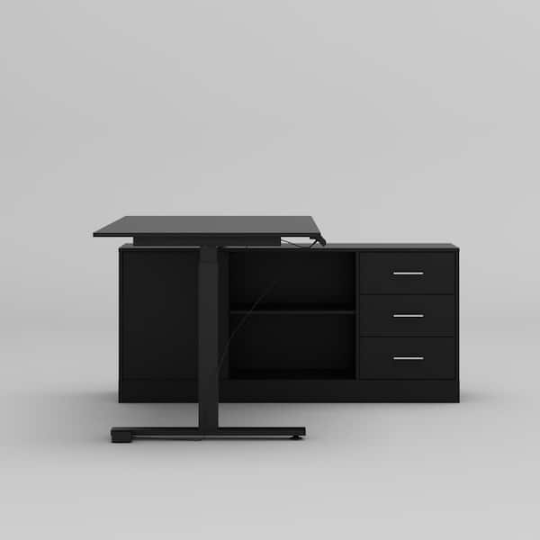 63 in. Width L-Shape Black Wooden 3-Drawer Writing Desk with Adjustable Height, Open Shelves & A Door Storage Cabinet