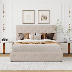 64 in. W Beige Queen Size Upholstered Platform Bed Frame with a Hydraulic Storage System, Lift Up Storage Wood Bed