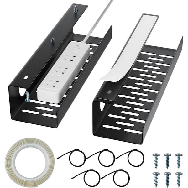 Self-Adhesive Under Desk Cable Management Tray 2-Piece Steel No Drill Installation for Home Office Organizer in Black