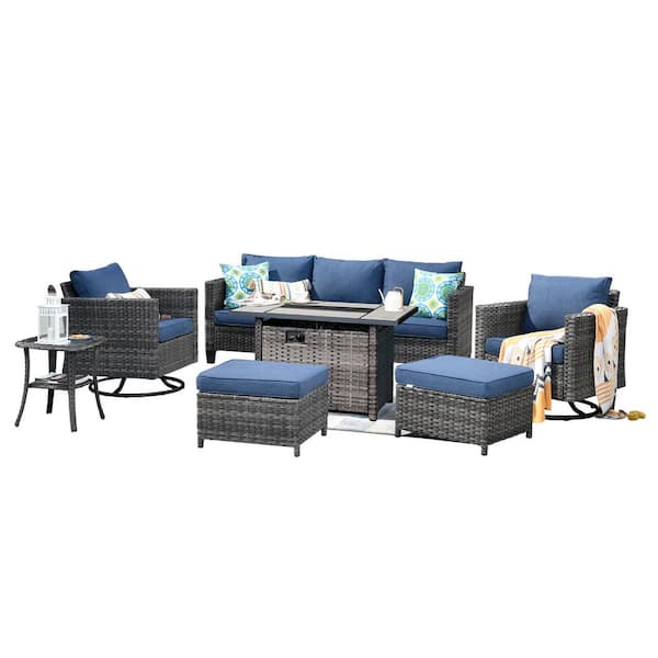 New Star Gray 7-Piece Wicker Patio Rectangle Fire Pit Conversation Set with Blue Cushions and Swivel Chairs