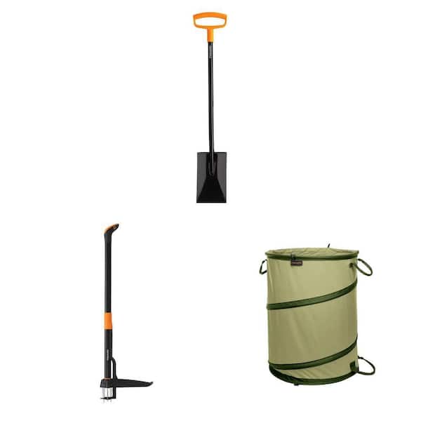Steel D-handle Garden Spade, 34 in. Weed Puller, and 30 Gal. Collapsible Lawn and Leaf Bag Combo