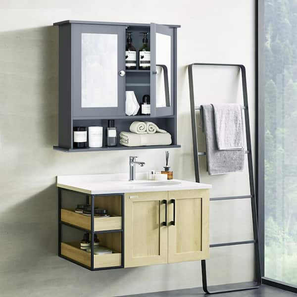 Costway 22 in. W x 5 in. D x 23 in. H Grey Wood Wall Mount Mirror 