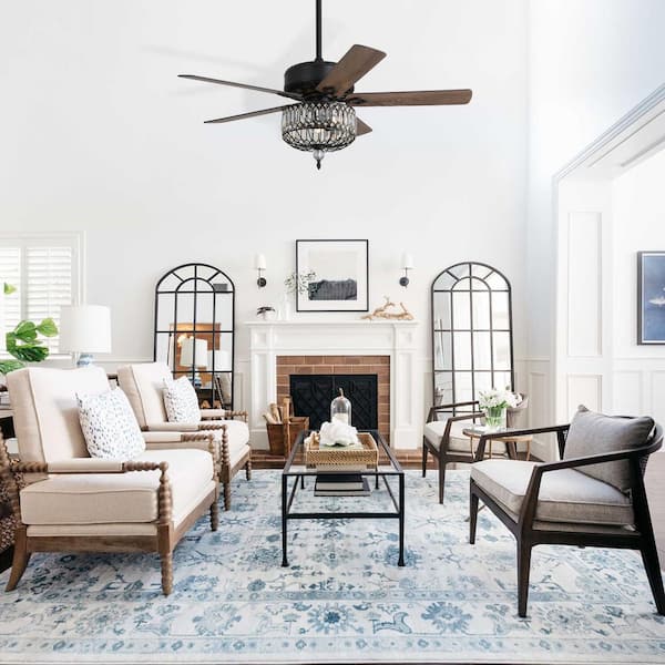 52 in. Indoor Matte Black Crystal Chandelier Ceiling Fan with Light and Remote Control