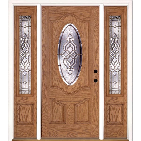 Feather River Doors 63.5 in.x81.625 in. Lakewood Brass 3/4 Oval Lite Stained Light Oak Left-Hand Fiberglass Prehung Front Door w/Sidelites