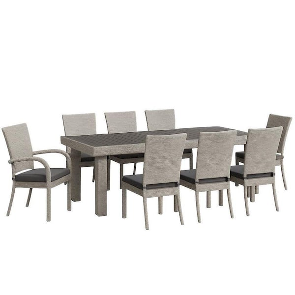 9-Piece Gray Wicker Outdoor Dining Set with Gray Cushions, Rectangular Table with PS Wood Top, Seats 8