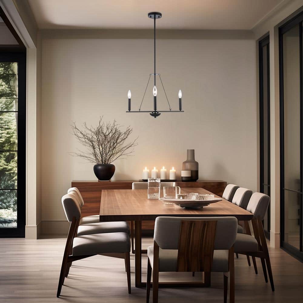 Black Metal 3-Light Candle Chandelier with Adjustable Height