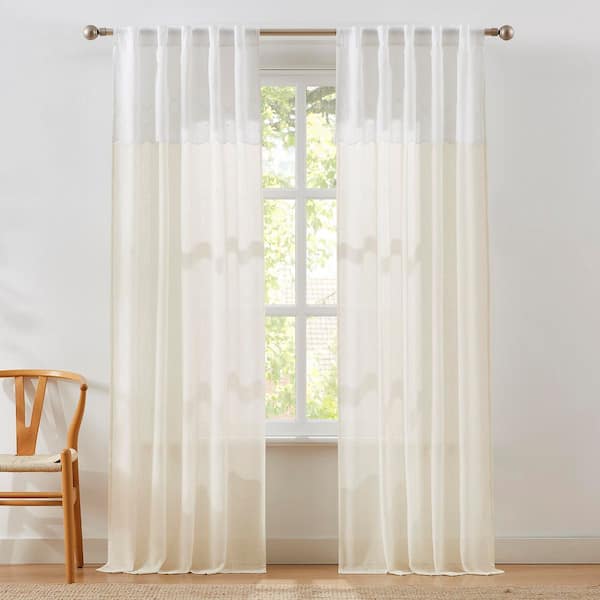 Brigitte Eyelet Scalloped Edge Neutral Faux Linen 38 in. W x 84 in. L Rod Pocket Light Filtering Curtain (Set of 2)
