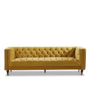 Hector 87 in W Square Arm Luxury Modern Chesterfield Velvet Sofa in Dark Yellow (Seats 3)