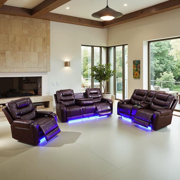 200 in. Overall 3-Piece Straight Arm Breathing Leather Rectangle Recliner Sofa Set in Brown, 6-Seats Sectional with USB