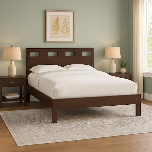 Yee Brown Wood Frame King Panel Bed with Cut Out Design Panel Headboard