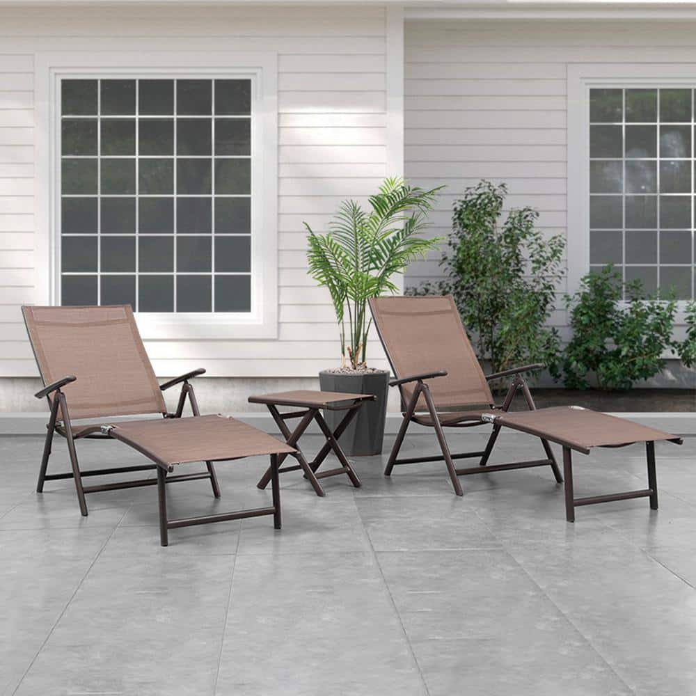 Brown Aluminum Adjustable Folding Patio Chaise Lounge Set