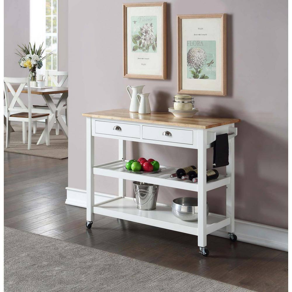 Transitional Butcher Block Kitchen Cart with Wine Storage - White & Natural