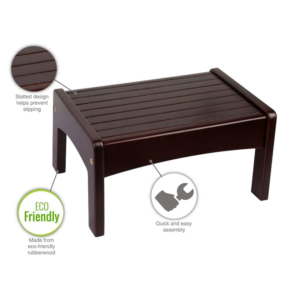 Espresso Rubberwood Slatted Step Stool for Kids and Adults