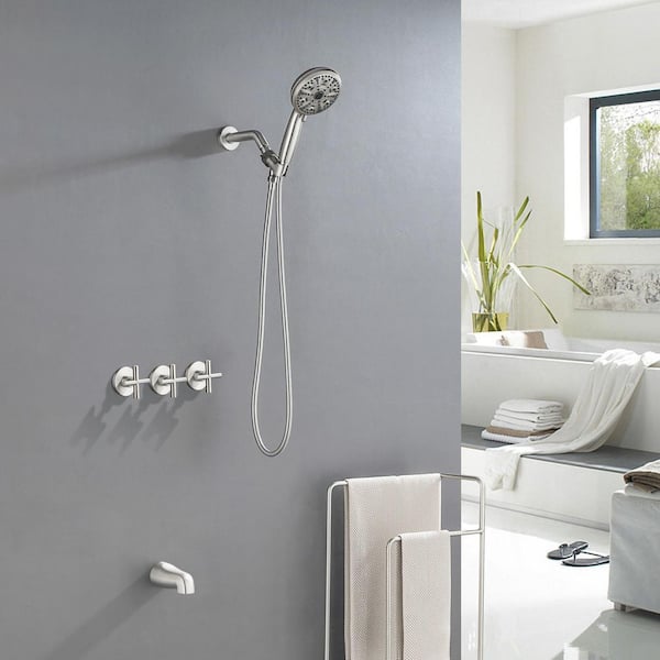 Vara 3 Cross Handle 10-Spray 2-Way Tub and Shower Faucet 1.8 GPM in Brushed Nickel Valve Included