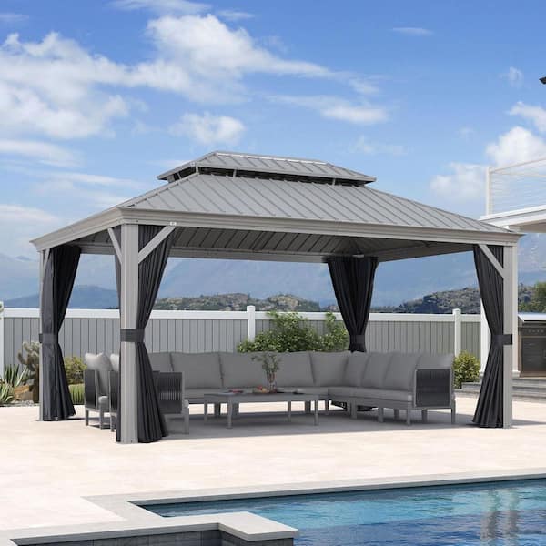 11 ft. x 15 ft. Luxury Aluminum Hardtop Gazebo Canopy for Patio Deck Backyard with Netting, Hooks, Upgrade Curtain