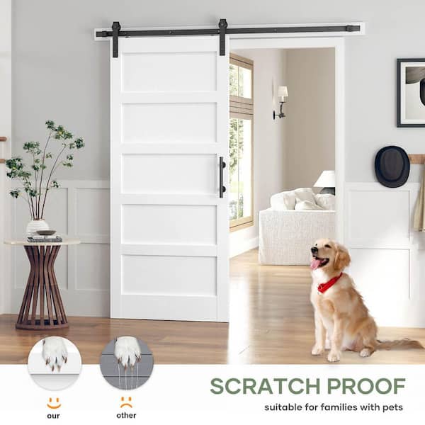 38 in. x 84 in. 5-Panel Solid MDF White Finished Interior Sliding Barn Door with Hardware Kit