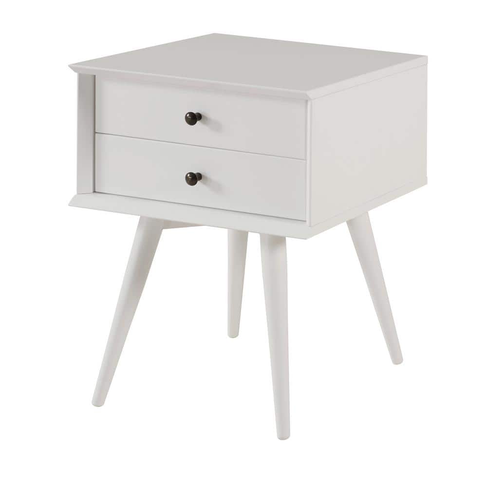 Mid-Century Modern 2-Drawer White Solid Wood Nightstand