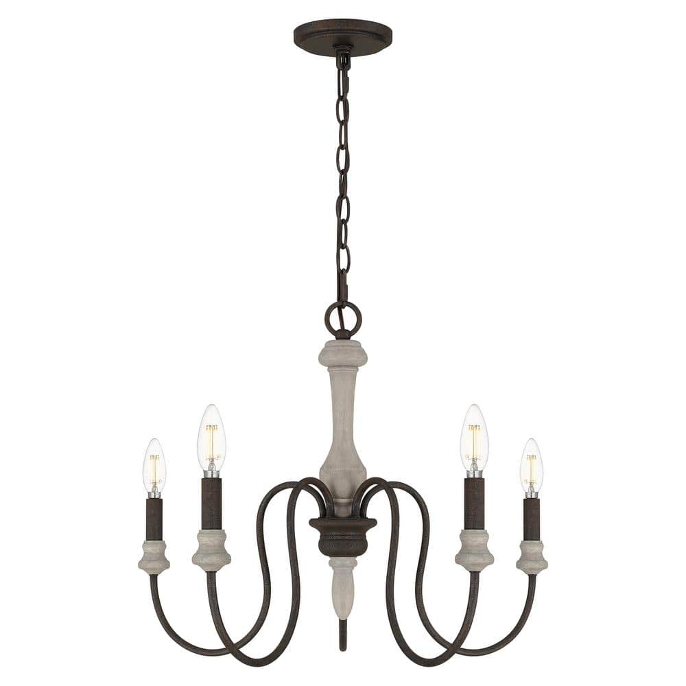 5-Light Matte Black and Faux Wood Chandelier