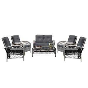 6--Piece Gray Wicker Patio Conversation Seating Set with Dark Gray Cushions and Coffee Table