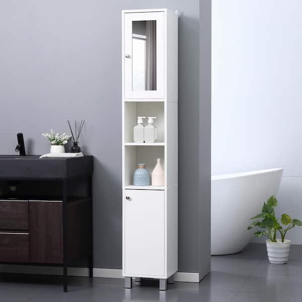 11.75 in. W x 11 in. D x 70.75 in. H. White Wood Bathroom Storage Wall Cabinet