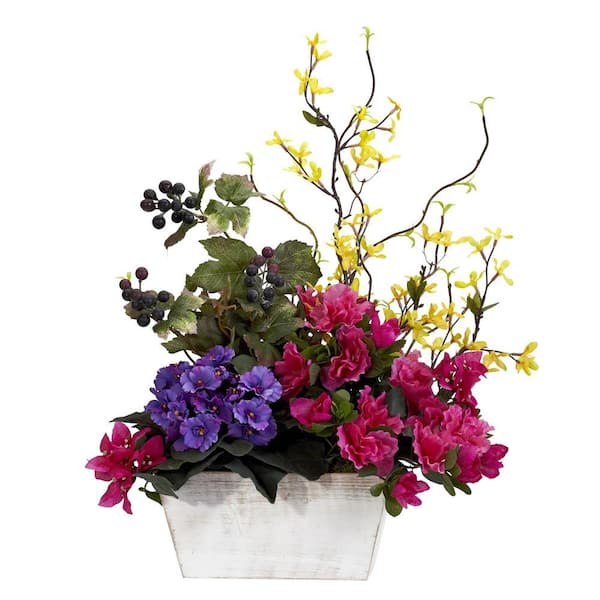 Nearly Natural 21 in. H Assorted Mixed Floral with Azalea and White Wash Planter Silk Arrangement