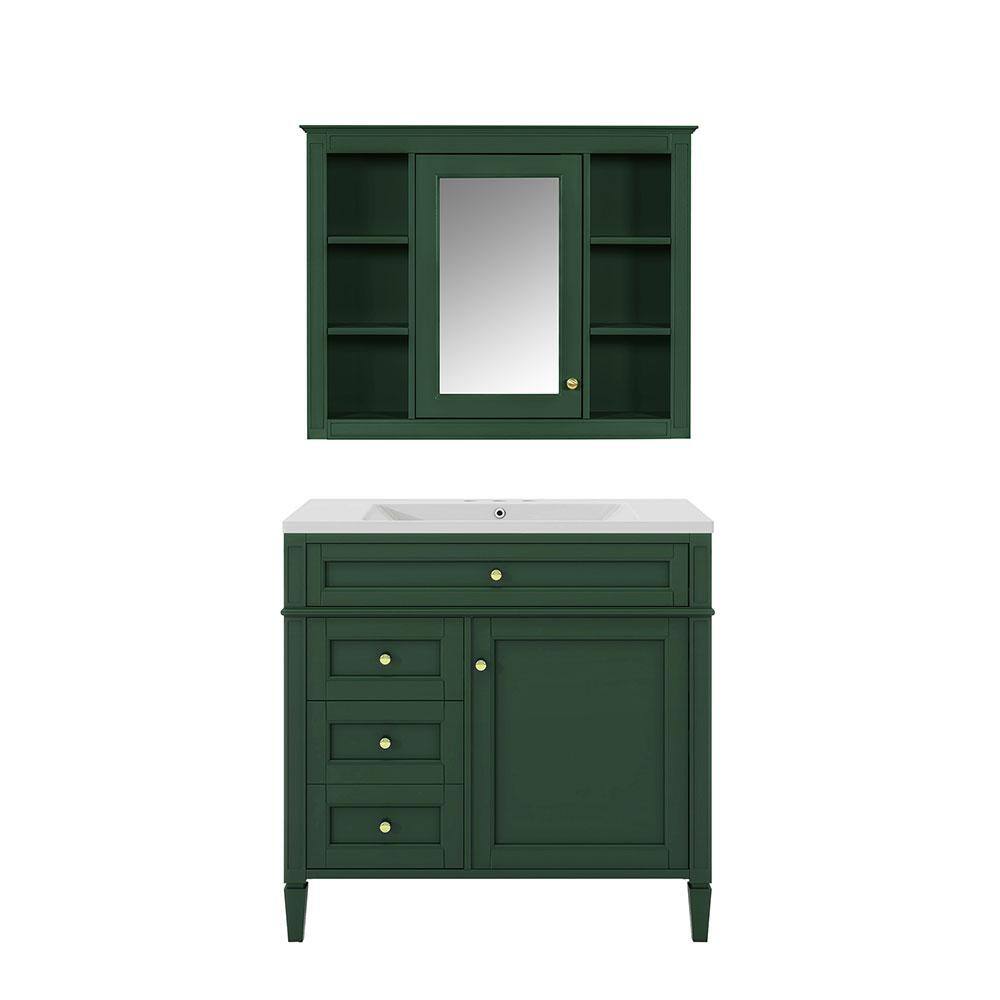 36 in. Single Sink Freestanding Bath Vanity in Green with White Resin Top, 