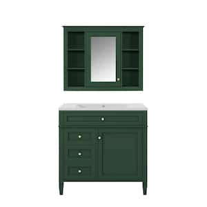 36 in. Single Sink Freestanding Bath Vanity in Green with White Resin Top, 4 Drawers and Medicine Cabinet with Mirror